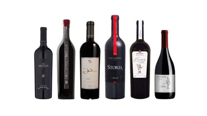 Imagem apresenta os vinhos degustados no evento de hoje: Cuvée Cabern. Sauv. Merlot 2005, Luiz Valduga Corte I NV, Dilor 2009, Gran Storia Merlot 2012, Épico Edição III NV, Testardi Syrah 2016.