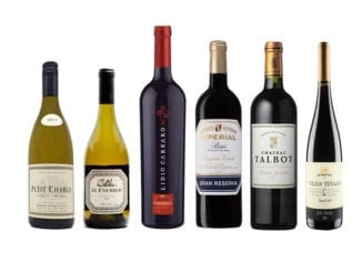 Imagem apresenta os vinhos degustados no evento de hoje: Petit Chablis 2017, El Enemigo Chardonnay 2016, Merlot Grande Vindima 2008, Imperial Gran Reserva 2009, Château Talbot Grand Cru Classé 2012, Cinsault Viejas Tinajas 2016.
