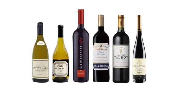Imagem apresenta os vinhos degustados no evento de hoje: Petit Chablis 2017, El Enemigo Chardonnay 2016, Merlot Grande Vindima 2008, Imperial Gran Reserva 2009, Château Talbot Grand Cru Classé 2012, Cinsault Viejas Tinajas 2016.